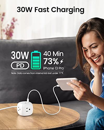 30W USB C Power Strip, Fast Charger with 3 Outlets & 30W PD Port, SUPERDANNY Mini Cube Charging Station with Flat Plug, 5 Ft Extension Cord, Travel Power Strip for Cruise, Dorm, Home, White