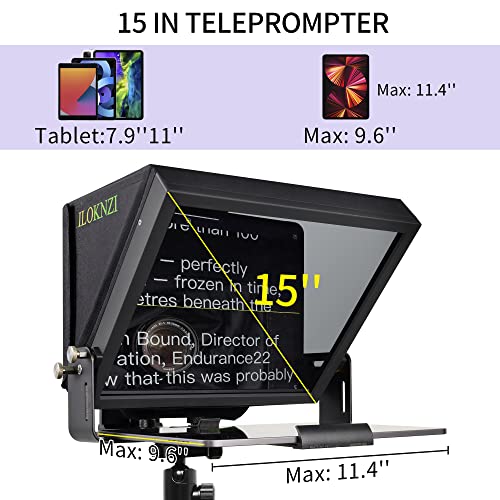 ILOKNZI 15 inch Liftable Teleprompter for All Tablets (12.9-inch Tablet), Remote Control and teleprompter app, 70/30 Beam Splitter Glass, Aluminum Body and a Packbag, Make Videos/Speech