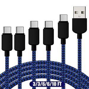usb type c cable 5pack (3/3/6/6/10 ft) nylon braided fast charging charger sync cord compatible with samsung galaxy s10 s10e s9 s20 plus note 10 9 8 s8 z lg v20 g5 g6 google pixel（blue）
