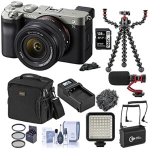 sony alpha 7c mirrorless digital camera with fe 28-60mm lens, silver, bundle with bag, 128gb sd card, joby gorillapod 5k kit with rig, mic, led light, extra battery, charger and accessories