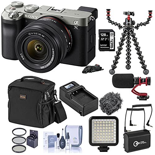 Sony Alpha 7C Mirrorless Digital Camera with FE 28-60mm Lens, Silver, Bundle with Bag, 128GB SD Card, Joby GorillaPod 5K Kit with Rig, Mic, LED Light, Extra Battery, Charger and Accessories