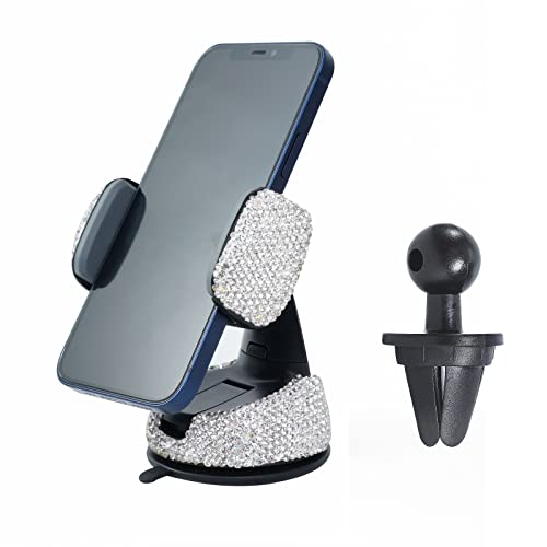 LOVYNO Bling Car Phone Holder,Bling Crystal Car Phone Mount , with One More Air Vent Base, Universal Cell Phone Holder for Dashboard,Windshield and Air Vent (White)