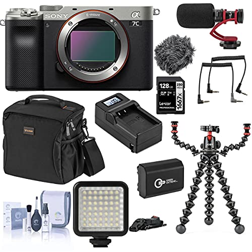 Sony Alpha 7C Mirrorless Digital Camera, Silver (Body Only), Bundle with Bag, 128GB SD Card, Joby GorillaPod 5K Kit with Rig, Microphone, LED Light, Extra Battery, Charger, Cleaning Kit