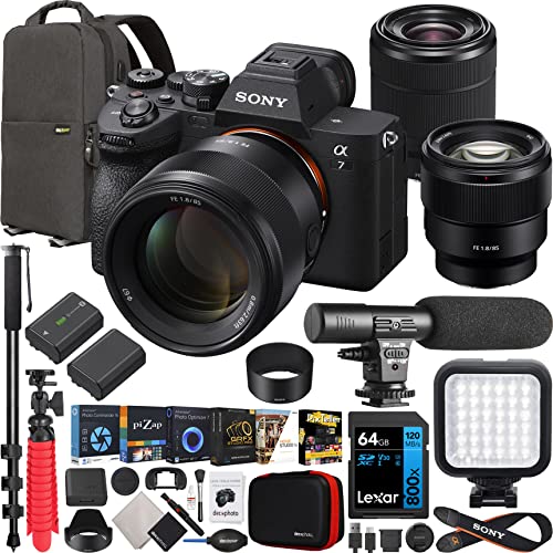 Sony a7 IV Full Frame Mirrorless Camera Body with 2 Lens Kit FE 85mm F1.8 + 28-70mm F3.5-5.6 ILCE-7M4K/B + SEL85F18 Bundle w/Deco Gear Backpack + Monopod + Extra Battery, LED and Accessories