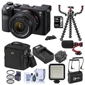 sony alpha 7c mirrorless digital camera with fe 28-60mm lens, black, bundle with bag, 128gb sd card, joby gorillapod 5k kit with rig, mic, led light, extra battery, charger and accessories