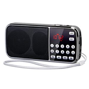 prunus j-189 bluetooth am fm radio, small portable radio – dual speaker heavy bass, led flashlight, pocket size, tf card usb aux mp3 player, rechargeable battery operated small radio(black)