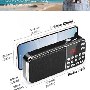 PRUNUS J-189 Bluetooth AM FM Radio, Small Portable Radio - Dual Speaker Heavy Bass, LED Flashlight, Pocket Size, TF Card USB AUX MP3 Player, Rechargeable Battery Operated Small Radio(Black)