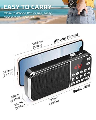 PRUNUS J-189 Bluetooth AM FM Radio, Small Portable Radio - Dual Speaker Heavy Bass, LED Flashlight, Pocket Size, TF Card USB AUX MP3 Player, Rechargeable Battery Operated Small Radio(Black)