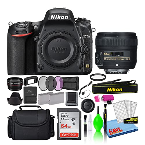 Nikon D750 24.3MP DSLR Digital Camera with AF-S 50mm f/1.8G Lens (1543) Deluxe Bundle with 64GB SD Card + Large Camera Bag + Filter Kit + Spare Battery + Telephoto Lens (Renewed)