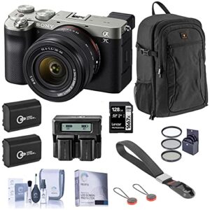 sony alpha 7c mirrorless digital camera with fe 28-60mm lens, silver, bundle with 128gb sd card, backpack, wrist strap, 2x extra battery, dual charger, filter kit and accessories