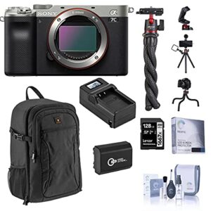 sony alpha 7c mirrorless digital camera, silver (body only), bundle with 128gb sd card, backpack, mini tripod, extra battery, compact charger, screen protector, cleaning kit