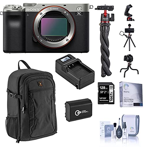 Sony Alpha 7C Mirrorless Digital Camera, Silver (Body Only), Bundle with 128GB SD Card, Backpack, Mini Tripod, Extra Battery, Compact Charger, Screen Protector, Cleaning Kit