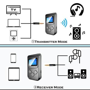 Bluetooth Transmitter with LCD Screen, 2-in-1 Bluetooth Audio Transmitter and Receiver Adapter with Built-in Battery, Wireless Audio Receiver with Mic for Handsfree, aptx Low Latency