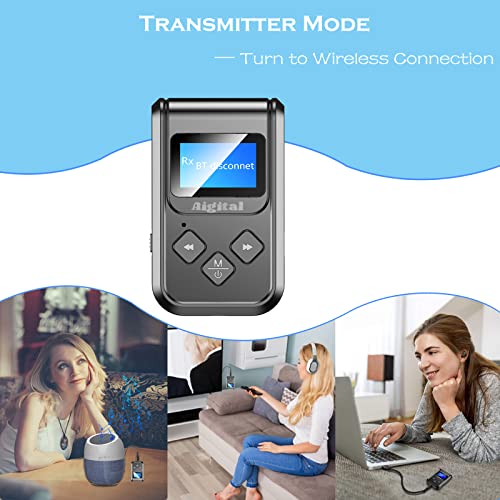 Bluetooth Transmitter with LCD Screen, 2-in-1 Bluetooth Audio Transmitter and Receiver Adapter with Built-in Battery, Wireless Audio Receiver with Mic for Handsfree, aptx Low Latency