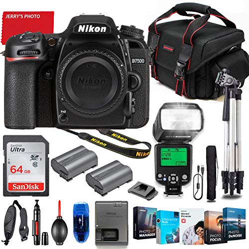 Nikon Intl. D7500 DSLR Camera Body Only Bundle + Premium Accessory Bundle Including 64GB Memory, TTL Auto Multi Mode Flash, PhotoVideo Software Package, Shoulder Bag & More (Renewed)