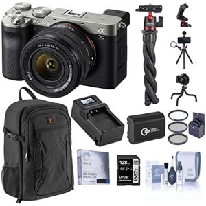 sony alpha 7c mirrorless digital camera with fe 28-60mm lens, silver, bundle with 128gb sd card, backpack, mini tripod, extra battery, charger, screen protector and accessories
