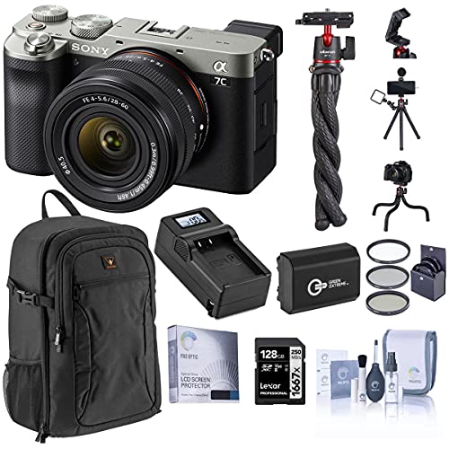 Sony Alpha 7C Mirrorless Digital Camera with FE 28-60mm Lens, Silver, Bundle with 128GB SD Card, Backpack, Mini Tripod, Extra Battery, Charger, Screen Protector and Accessories