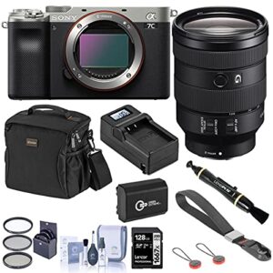 sony alpha 7c mirrorless digital camera, silver with fe 24-105mm f/4 g oss e-mount lens bundle with bag, 128gb sd card, wrist strap, extra battery, charger, filter kit and accessories