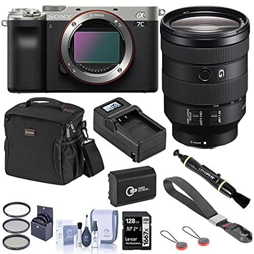 Sony Alpha 7C Mirrorless Digital Camera, Silver with FE 24-105mm f/4 G OSS E-Mount Lens Bundle with Bag, 128GB SD Card, Wrist Strap, Extra Battery, Charger, Filter Kit and Accessories