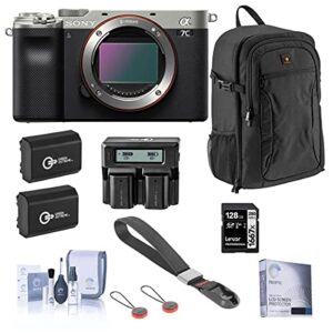 sony alpha 7c mirrorless digital camera, silver (body only), bundle with 128gb sd card, backpack, wrist strap, 2x extra battery, dual charger, screen protector, cleaning kit