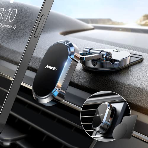 Anwas Magnetic Car Phone Holder Mount Alloy Folding Magnetic Car Phone Holder for Car Dashboard, 360° Adjustable Hands Free Car Phone Holder Mount Fit All iPhones, Samsung, etc