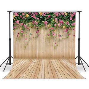 wolada 10x10ft flower wall backdrop spring backdrop spring floral photo backdrop brown wood plank flower wall photography backdrop girl birthday party wedding shower photography background 8909