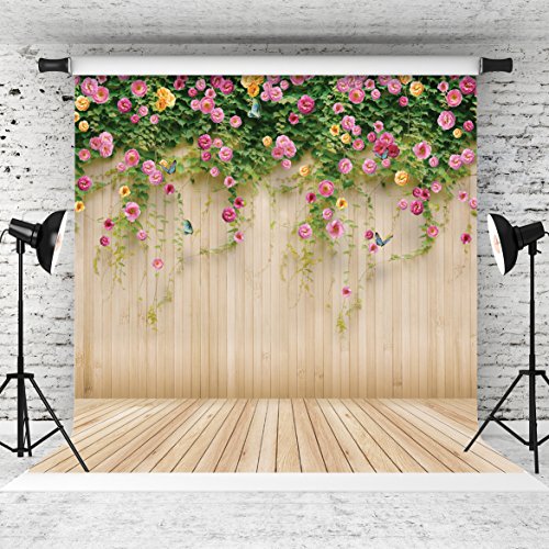 WOLADA 10x10FT Flower Wall Backdrop Spring Backdrop Spring Floral Photo Backdrop Brown Wood Plank Flower Wall Photography Backdrop Girl Birthday Party Wedding Shower Photography Background 8909