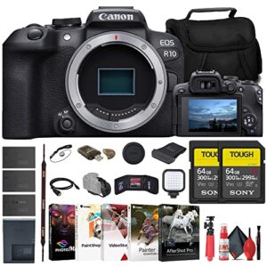canon eos r10 mirrorless camera (5331c002) + 2 x sony 64gb tough sd card + bag + charger + 2 x lpe17 battery + card reader + led light + corel photo software + flex tripod + more (renewed)