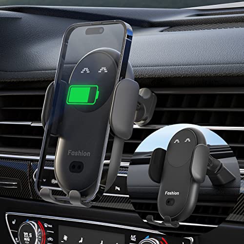 Wireless Car Charger Mount,Infrared Smart Sensor 15W Fast Charging,Kharly Fashion Auto Clamping Phone Holder for Car Vent Phone Mount Wireless Charger for iPhone 14/13/12/11 Pro Max/S22 Ultra（Black）