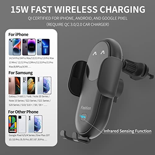 Wireless Car Charger Mount,Infrared Smart Sensor 15W Fast Charging,Kharly Fashion Auto Clamping Phone Holder for Car Vent Phone Mount Wireless Charger for iPhone 14/13/12/11 Pro Max/S22 Ultra（Black）