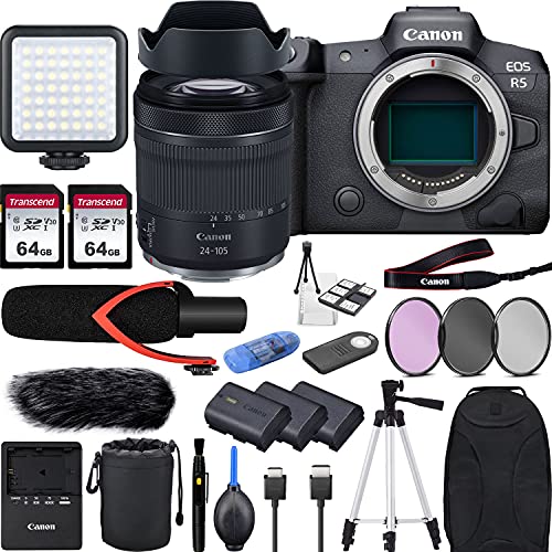 R5 with RF 24-105mm f/4-7.1 is STM Lens Mirrorless Digital Camera Bundle with V30 Shotgun Microphone, LED Light, 2xExtra Battery and Accessories(Backpack, 50" Tripod, 128Gb Memory and More)