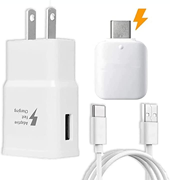 Fast Adaptive Wall Adapter Charger for Galaxy S10 S9 Plus Note 9 S8 Note 8 EP-TA20JBE - 6 Foot Type C/USB-C Cable and OTG Adapter - White