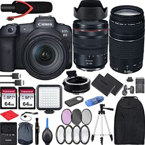 canon r5 with rf 24-105mm f4 is usm lens mirrorless camera bundle + ef 75-300 iii, ef-eos r mount adapter, v30 microphone, led light, extra battery and accessories(backpack more), black, (eosr5)