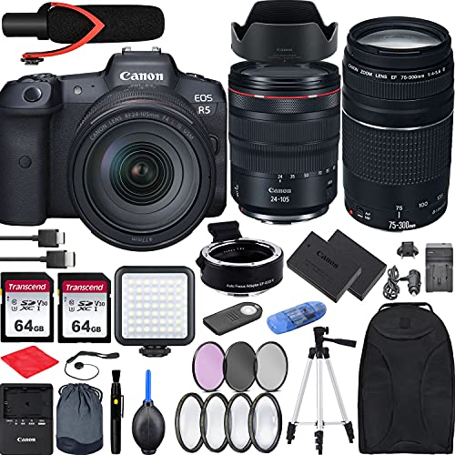 Canon R5 with RF 24-105mm f4 is USM Lens Mirrorless Camera Bundle + EF 75-300 III, EF-EOS R Mount Adapter, V30 Microphone, LED Light, Extra Battery and Accessories(Backpack More), Black, (EOSR5)