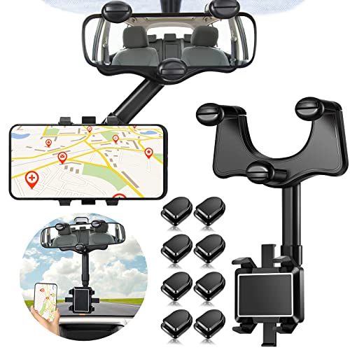 Rearview Mirror Phone Holder for Car, Universal 360° Rotating Rear View Mirror Phone Mount with Adjustable Arm Length, 8 Mask Holder for Car Multifunctional Phone and GPS Holder for Most Smartphones