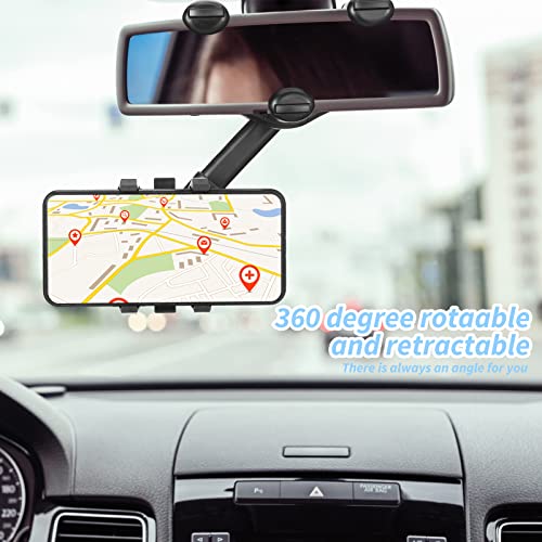 Rearview Mirror Phone Holder for Car, Universal 360° Rotating Rear View Mirror Phone Mount with Adjustable Arm Length, 8 Mask Holder for Car Multifunctional Phone and GPS Holder for Most Smartphones