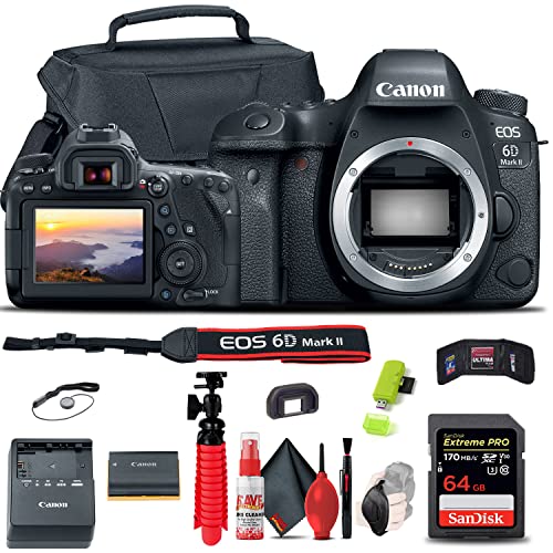 Canon EOS 6D Mark II DSLR Camera (Body Only) (1897C002) + 64GB Memory Card + Case + Card Reader + Flex Tripod + Hand Strap + Cap Keeper + Memory Wallet + Cleaning Kit (Renewed)