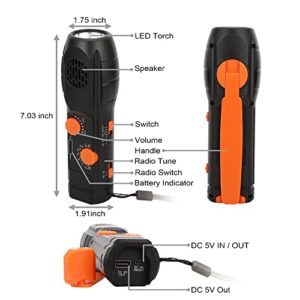 Hand Crank Flashlight with Emergency Radio Phone Charger, Portable Dynamo SOS LED Torch Rechargeable USB Charging Handheld LED Flashlights Built-in Loudspeaker for Camping Hiking Gift