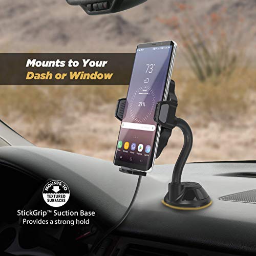 SCOSCHE WDQ2M STUCKUP Qi Car Phone Holder Windshield, Dashboard or Vent Mount | Stick Grip Suction Cup Base | Non-Magnetic | Black Charger with Car Adapter and Type-C Cable