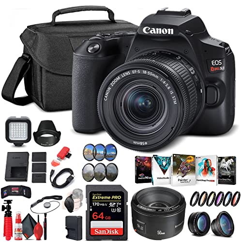 Canon EOS Rebel SL3 DSLR Camera with 18-55mm Lens (Black) (3453C002) + Canon EF 50mm Lens + 64GB Card + Color Filter Kit + Case + Filter Kit + Corel Photo Software + 2 x LPE17 Battery + More (Renewed)