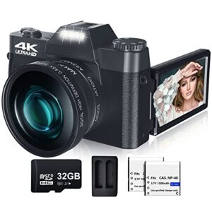 vjianger digital camera for photography and video 4k 48mp vlogging camera for youtube with 180° flip screen,16x digital zoom,52mm wide angle & macro lens, 32gb tf card, 2 batteries (w01-black)
