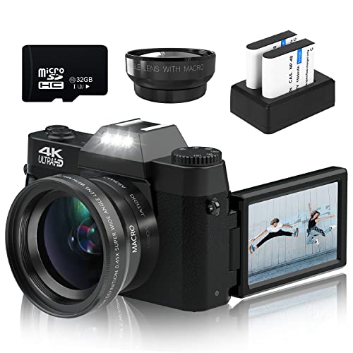 Digital Cameras for Photography, 4K 48MP Vlogging Camera 16X Digital Zoom Manual Focus Rechargeable Students Compact Camera with 52mm Wide-Angle Lens & Macro Lens, 32G Micro Card and 2 Batteries