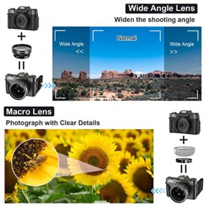 Digital Cameras for Photography, 4K 48MP Vlogging Camera 16X Digital Zoom Manual Focus Rechargeable Students Compact Camera with 52mm Wide-Angle Lens & Macro Lens, 32G Micro Card and 2 Batteries