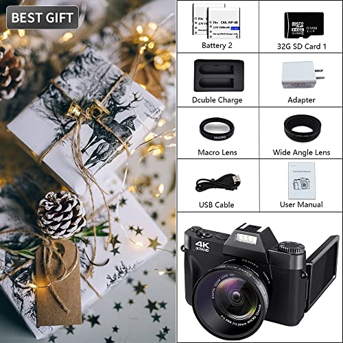 Digital Cameras for Photography, 4K 48MP Vlogging Camera 16X Digital Zoom Manual Focus Rechargeable Students Compact Camera with 52mm Wide-Angle Lens & Macro Lens, 32G Micro Card and 2 Batteries