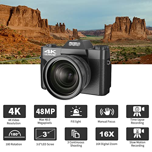 Digital Cameras for Photography, 4K 48MP Vlogging Camera 16X Digital Zoom Manual Focus Rechargeable Students Compact Camera with 52mm Wide-Angle Lens & Macro Lens, 32G Micro Card and 2 Batteries