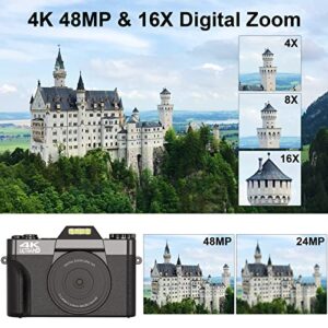 Digital Cameras for Photography, 4K 48MP Vlogging Camera 16X Digital Zoom Manual Focus Rechargeable Students Compact Camera with 52mm Wide-Angle Lens & Macro Lens, 32G Micro Card and 2 Batteries