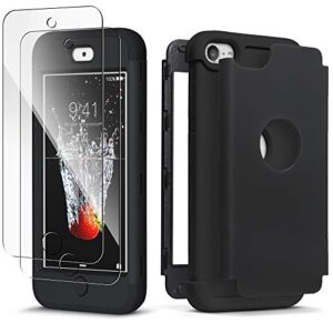 idwell ipod touch 7th generation case with 2 screen protector, three layer series heavy duty protection shockproof high impact protective case for ipod touch 5/6/7th generation, black