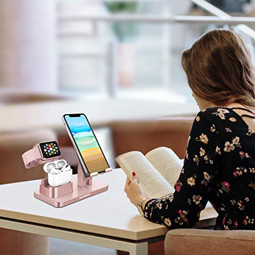 BENTOBEN 3-in-1 Charging Stand, Universal Charging Dock Station Compatible for Airpods Pro 2/1 Apple Watch Series 6/5/4/3/2 iPhone 13 12 11 SE2 XSMax XR 8 7 6S Plus Android Smartphone iPad, Rose Gold