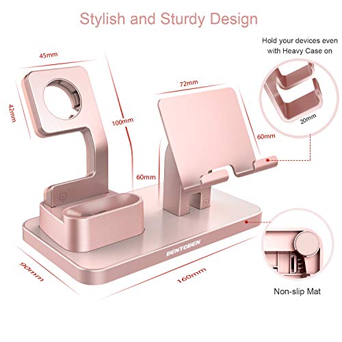 BENTOBEN 3-in-1 Charging Stand, Universal Charging Dock Station Compatible for Airpods Pro 2/1 Apple Watch Series 6/5/4/3/2 iPhone 13 12 11 SE2 XSMax XR 8 7 6S Plus Android Smartphone iPad, Rose Gold