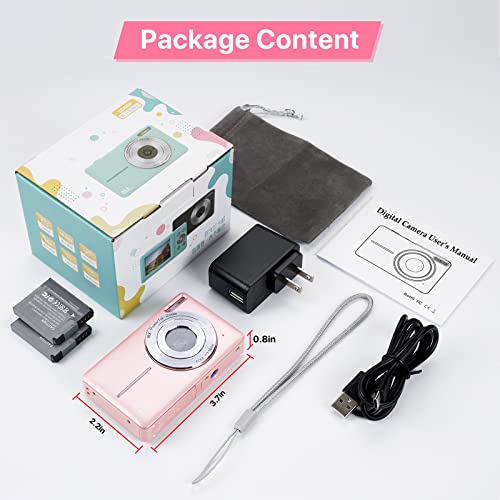 Digital Camera, Kids Camera with 32GB Card FHD 1080P 44MP Vlogging Camera with LCD Screen 16X Zoom Compact Portable Mini Rechargeable Camera Gifts for Students Teens Adults Girls Boys-Pink